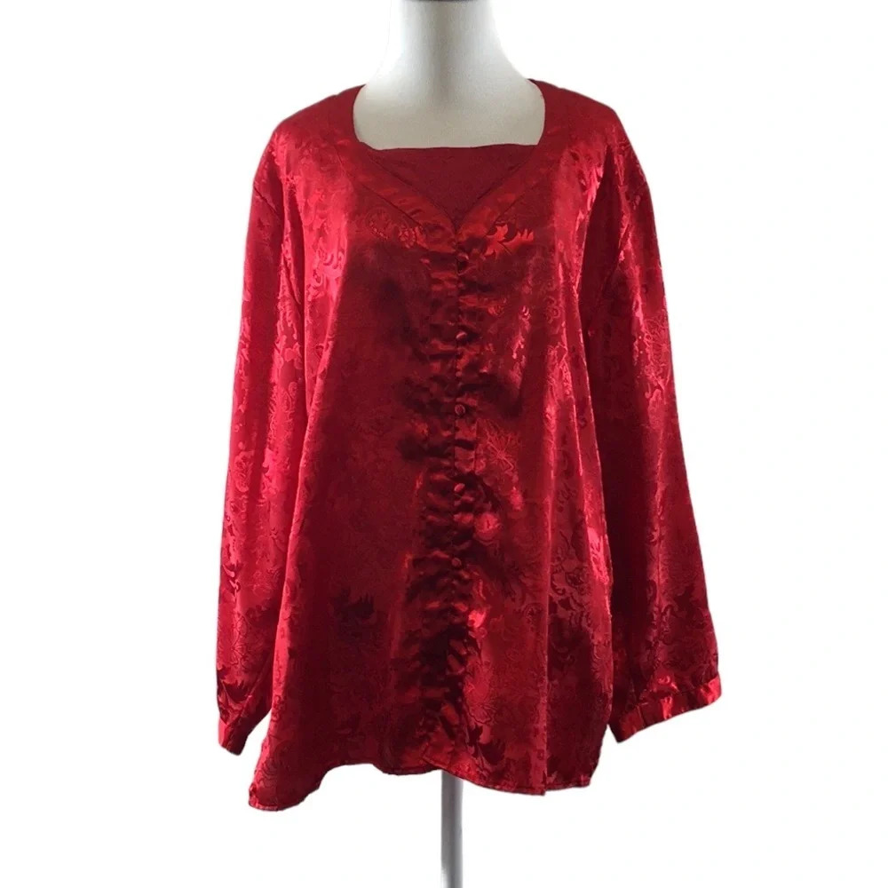 Victoria's Secret Vintage Red Jacquard Top Womens Medium Long Sleeve Gold Label